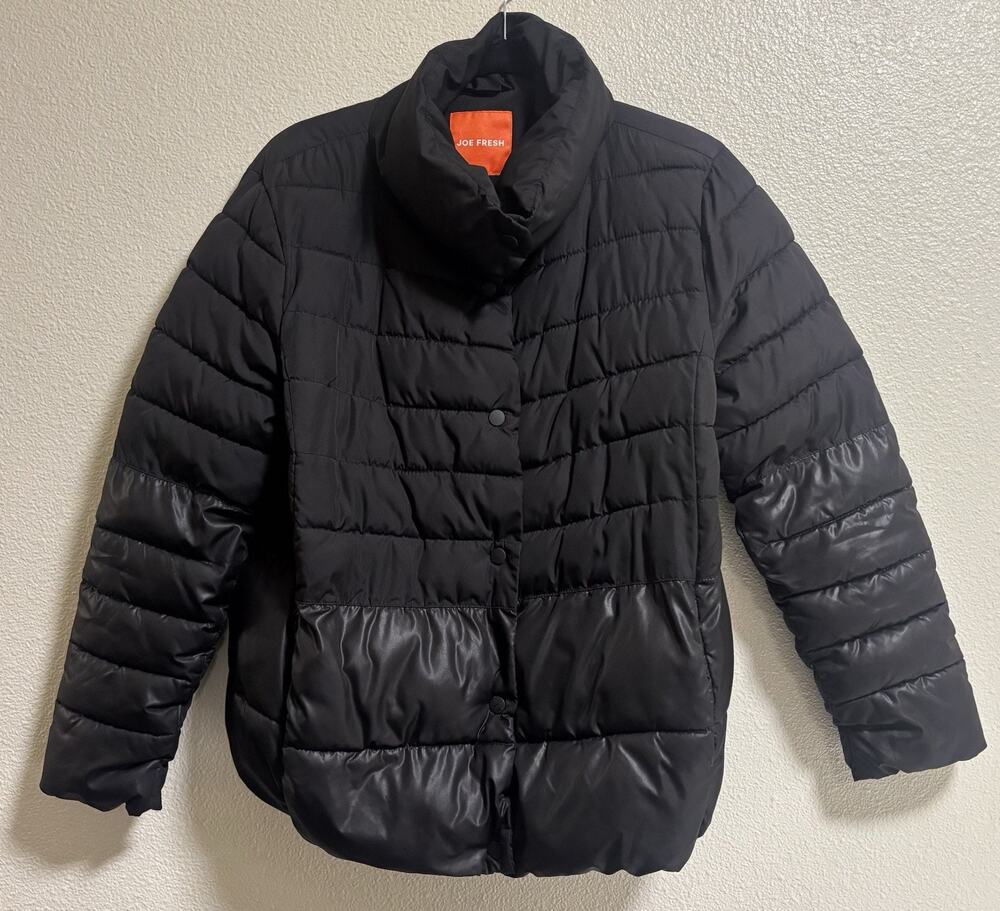 JOE FRESH Black Puffer Jacket Two Tone Color Block Gorpecore Snap Women’s Size M